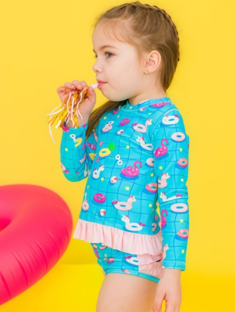 Ruffle Butts - Turquoise & Pink Swan Ruffle Baby Rashguard Set - Picture 2 of 3
